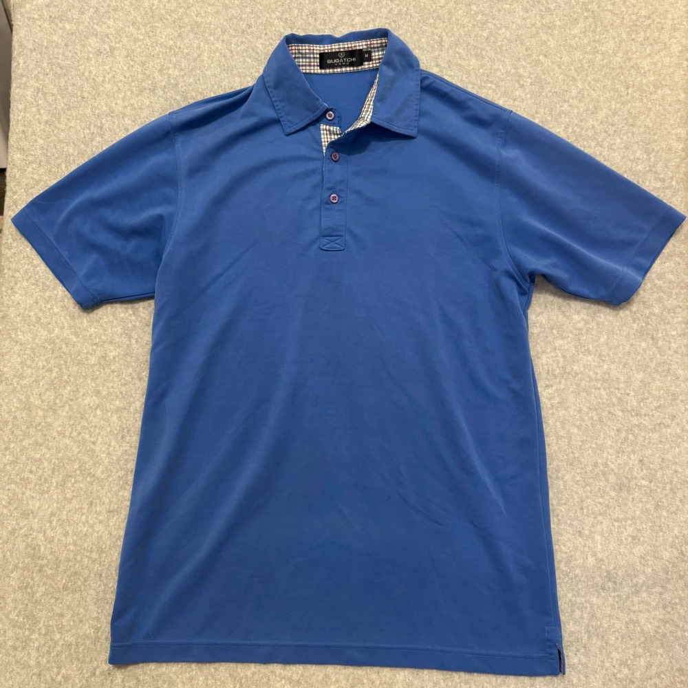 Bugatchi Uomo Mens Blue Modal Blend‎ Plaid Trim Short Sleeve Polo Shirt Size M